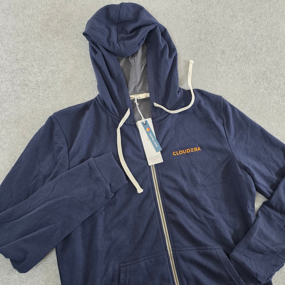 Marine Layer Mens Navy Blue Cloudera Logo Zip Up Hoodie Small Grey Lined USA